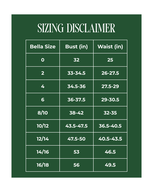 Sizing chart for Bella clothing on a green background