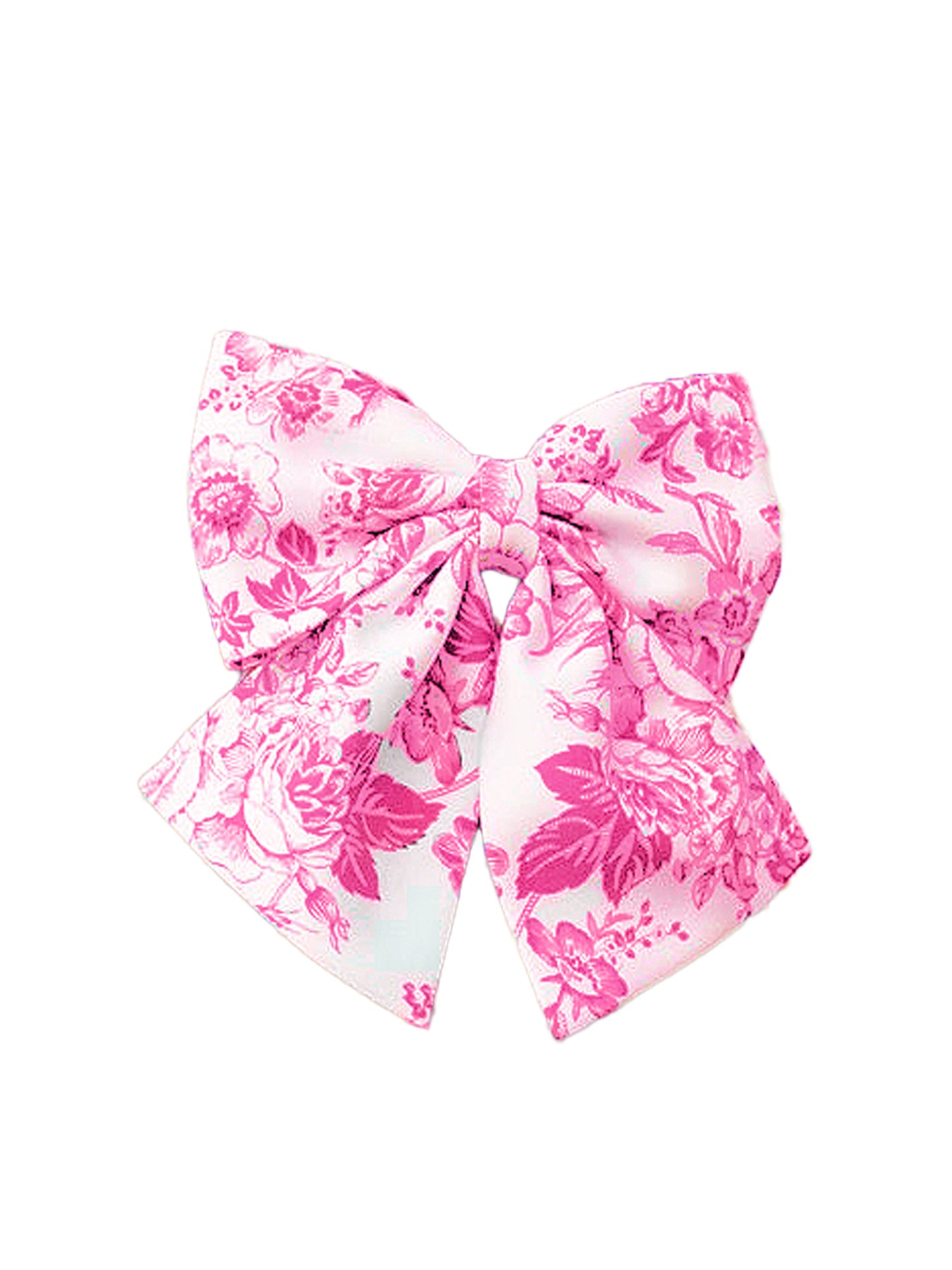 A vibrant pink and white floral Chelsea Reece hair bow styled against a clean white background, showcasing its structure and charming countryside-inspired print.