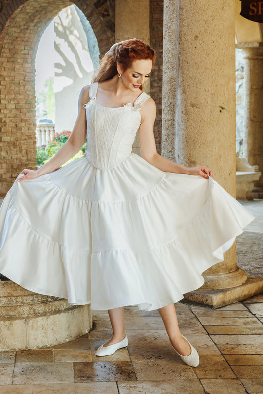 Front view of the Bridal Madonna Skirt styled with the Bianca Corset Top
