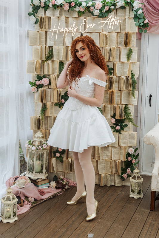 Bridal Twirl Skirt styled with Bianca Corset Top in an indoor garden setting