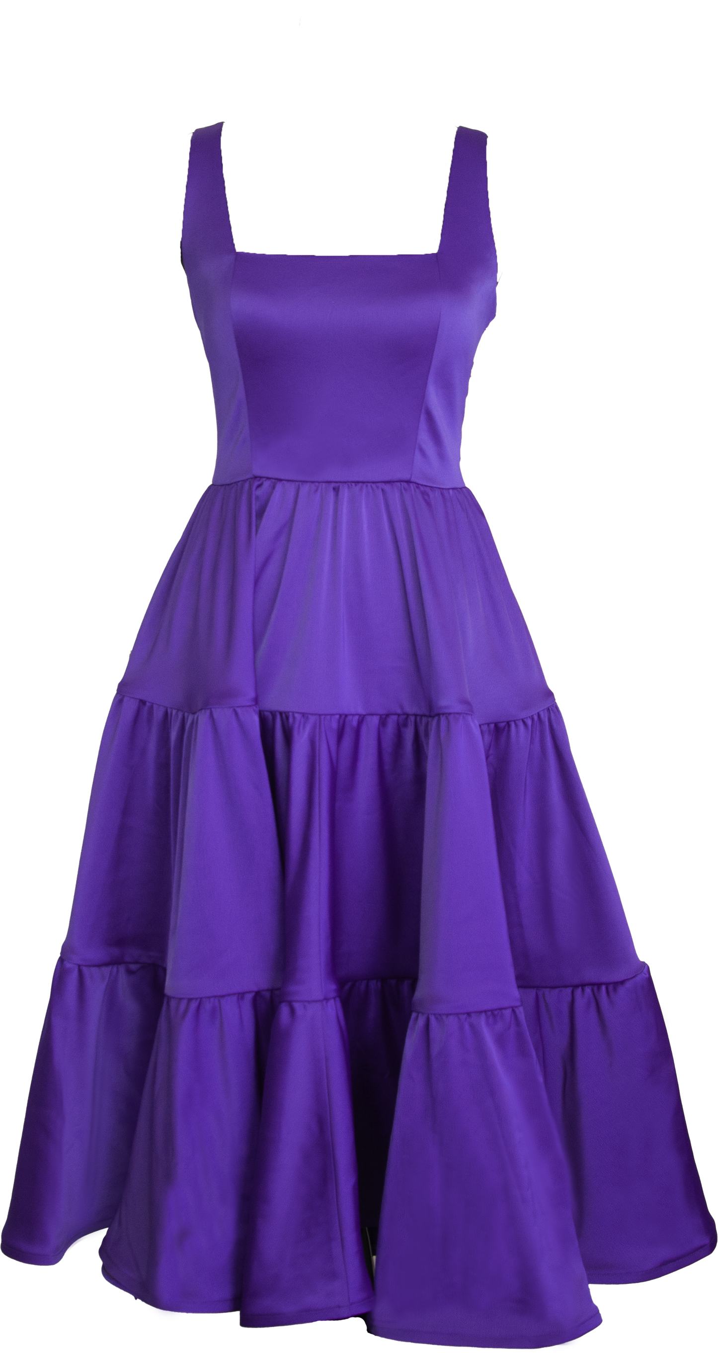 Amethyst Purple Madonna Dress displayed on a mannequin with tiered skirt