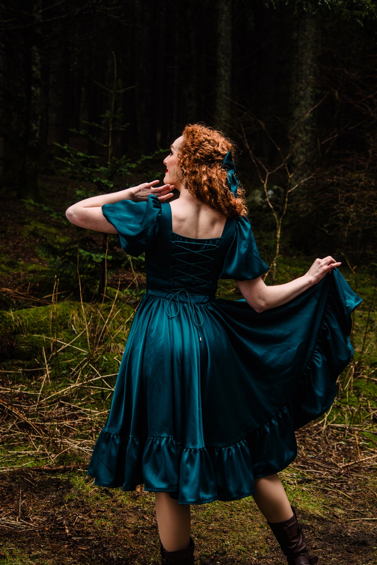 Novella dress in tourmaline teal with a corset back detail