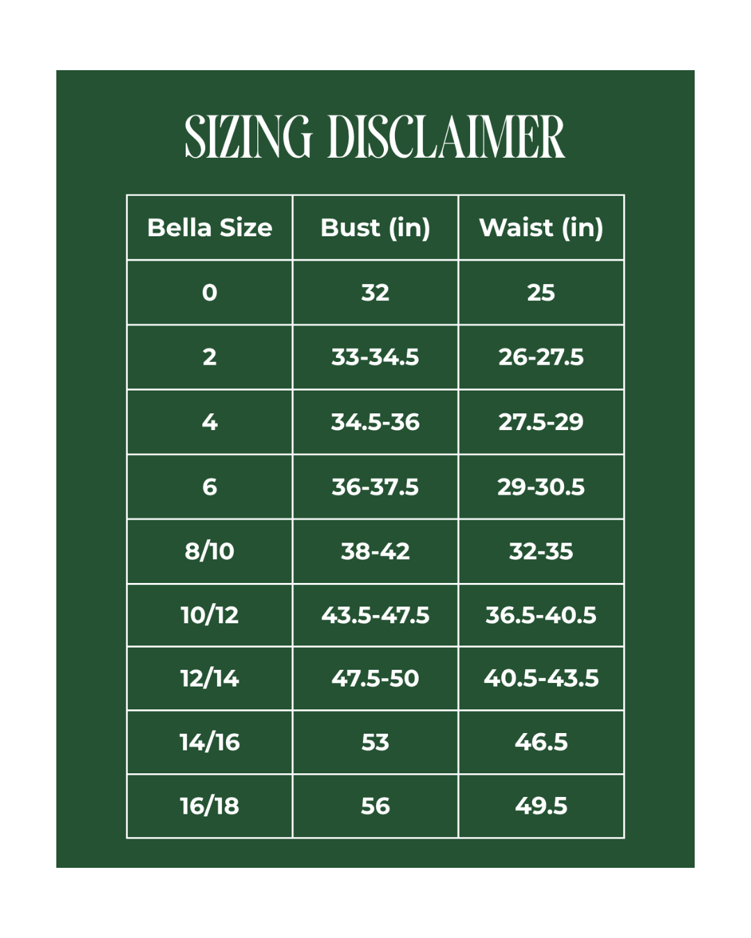 Sizing chart for Bella clothing on a green background