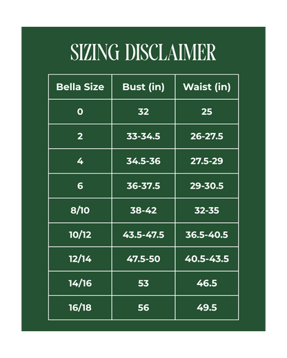 Sizing chart for Bella clothing on a green background