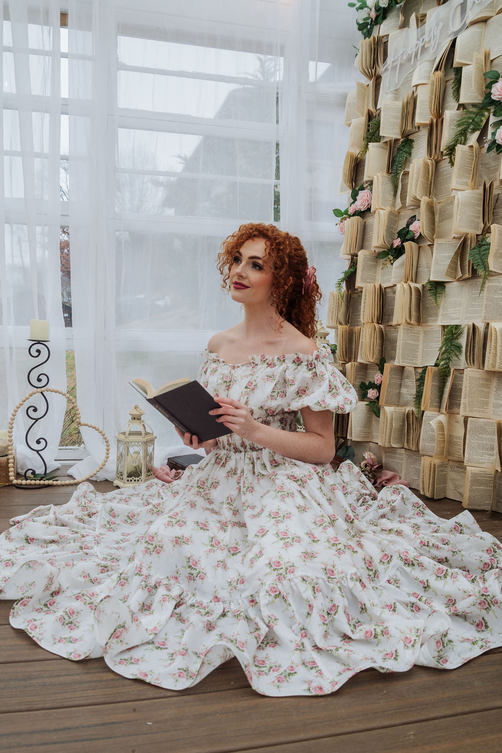 cottagecore white dress Ruffled Off-Shoulder White Midi Dress, Beach Wedding Short Dress, Boho Midi Fishbone dress Floral Green Cotton Milkmaid Dress