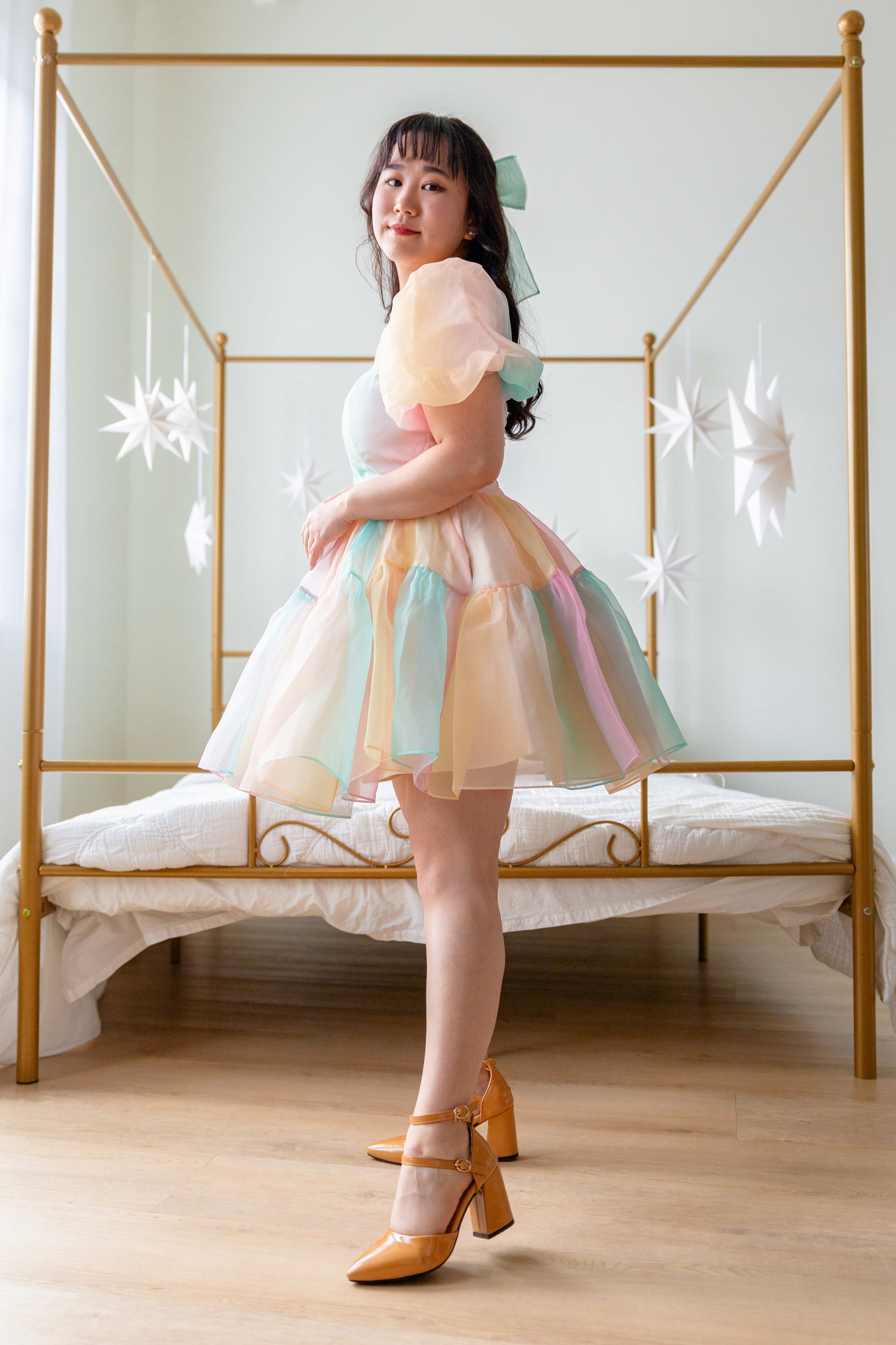 princess puff sleeve dress Golden Puffy Sleeve Prom Dress, Princess Temperament Evening Dress, Fairy Party Dress,custom Made