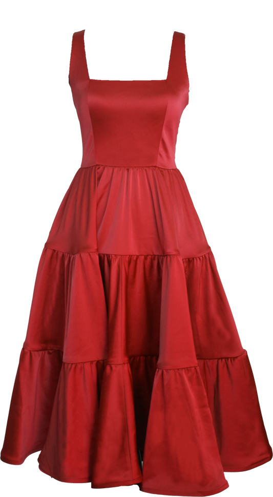 Ruby Red Madonna Dress displayed on a mannequin with a full tiered skirt