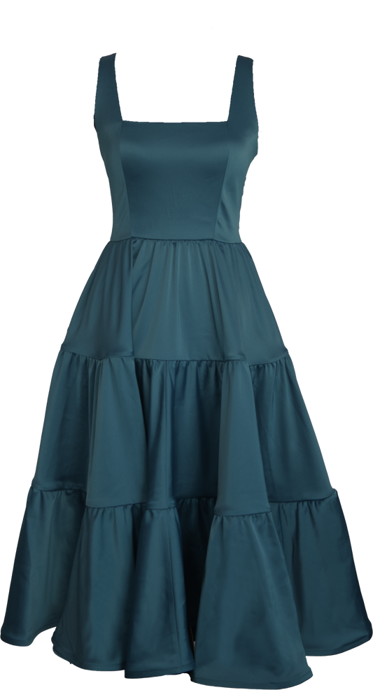 Tourmaline Teal Madonna Dress displayed on a mannequin with tiered skirt